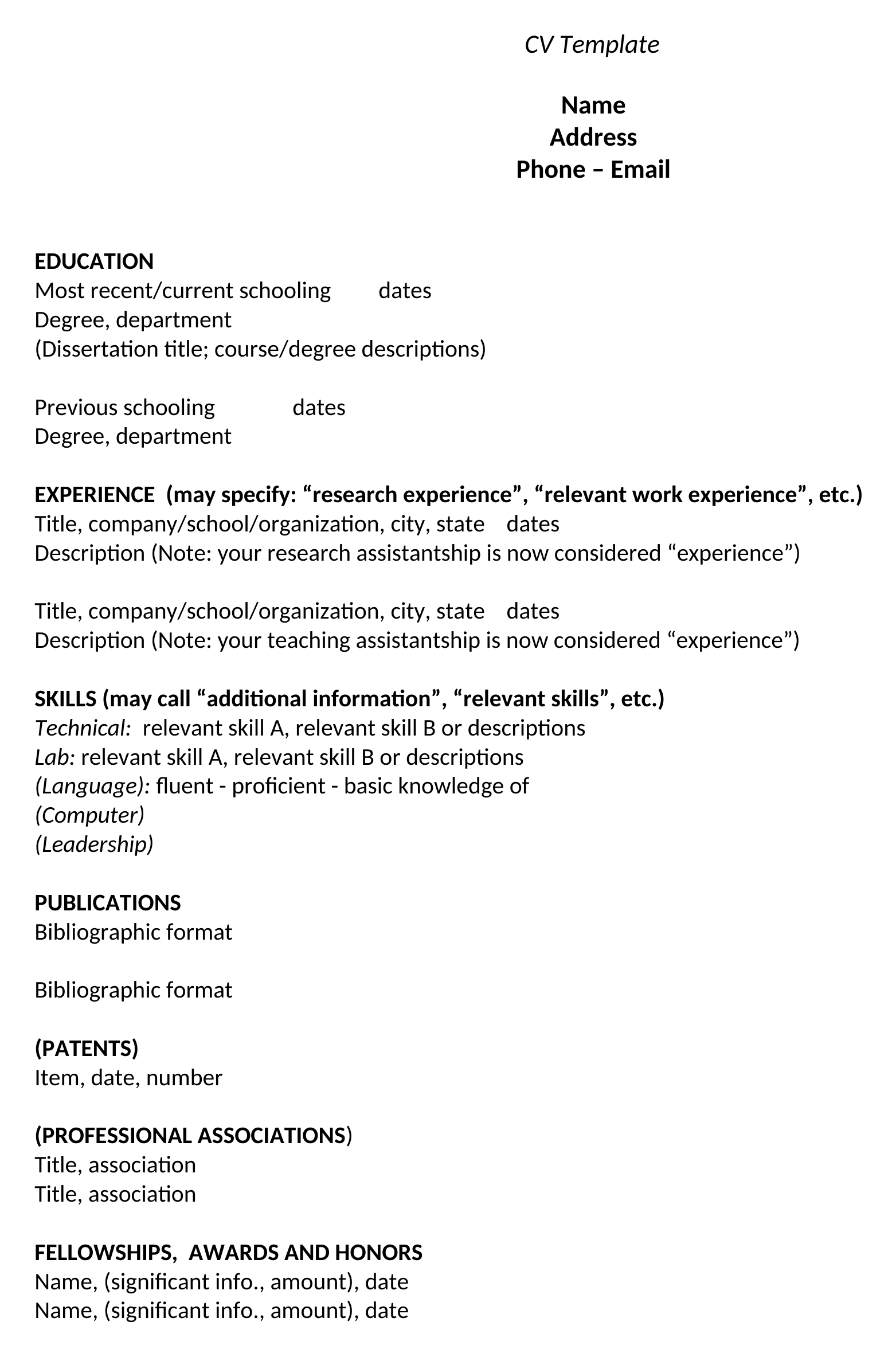 The blank CV template used in this tutorial