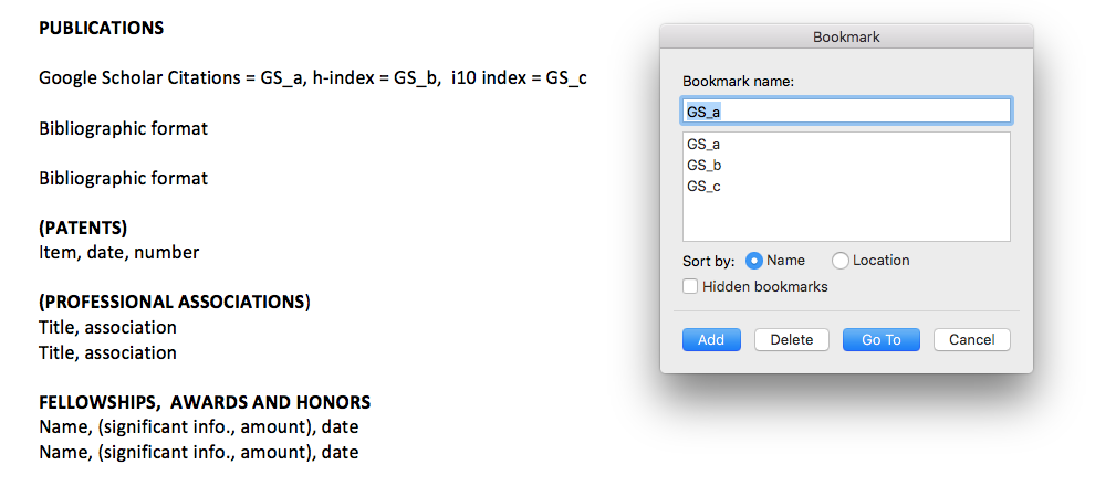 Word bookmark dialog listing the bookmarks GS_a, GS_b and GS_c placed after the Publications heading