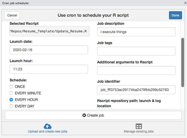 cronR add-in in RStudio scheduling the R script to run every hour