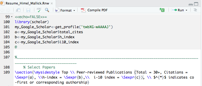 RStudio editor showing the Sweave chunk, the Sexpr calls and the Compile PDF button