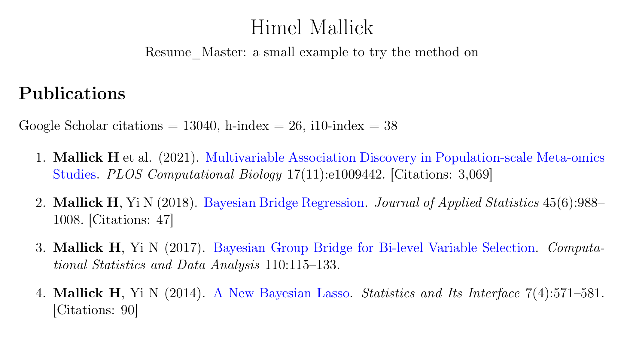 Example resume produced by the Quarto route: Google Scholar totals under the Publications heading, and a citation count in square brackets after each paper with at least 30 citations