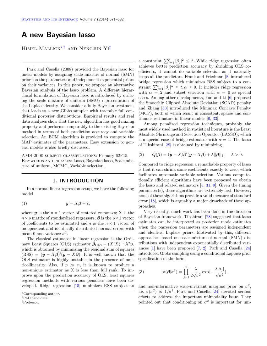 First page of the paper 'A new Bayesian lasso' by Mallick and Yi in Statistics and Its Interface