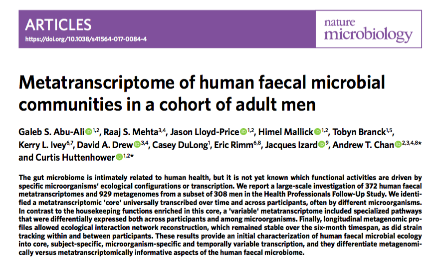 Title and abstract of the Nature Microbiology article 'Metatranscriptome of human faecal microbial communities in a cohort of adult men'