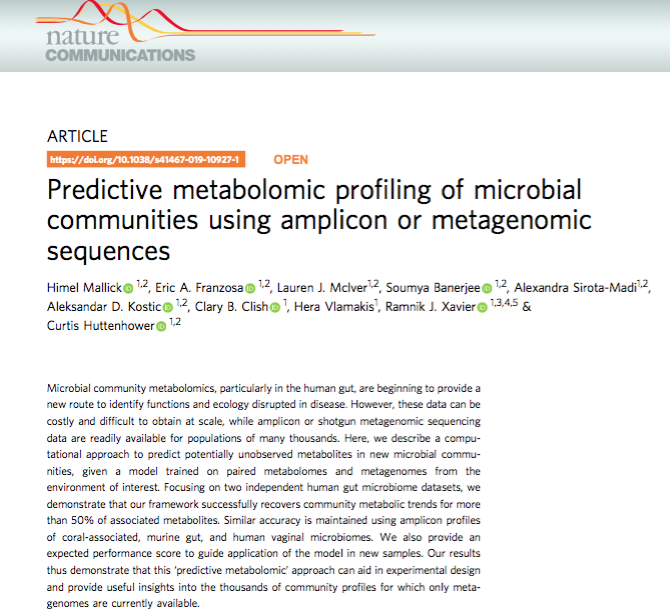 Title and abstract of the Nature Communications article 'Predictive metabolomic profiling of microbial communities using amplicon or metagenomic sequences'