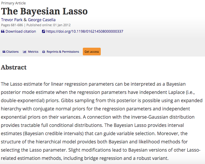 Title and abstract of 'The Bayesian Lasso' by Trevor Park and George Casella