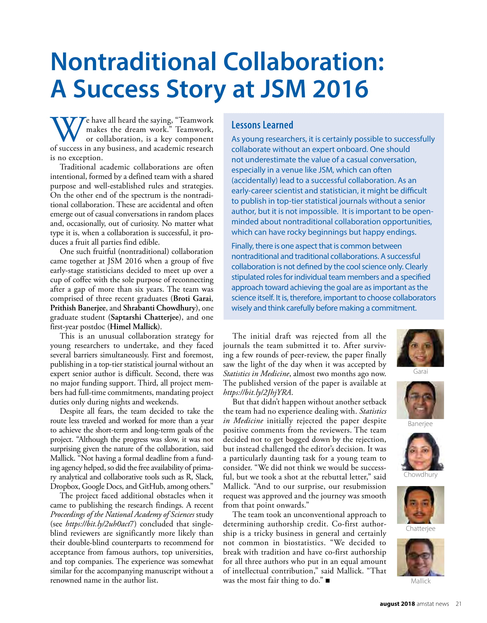 The AMSTAT News article 'Nontraditional Collaboration: A Success Story at JSM 2016'