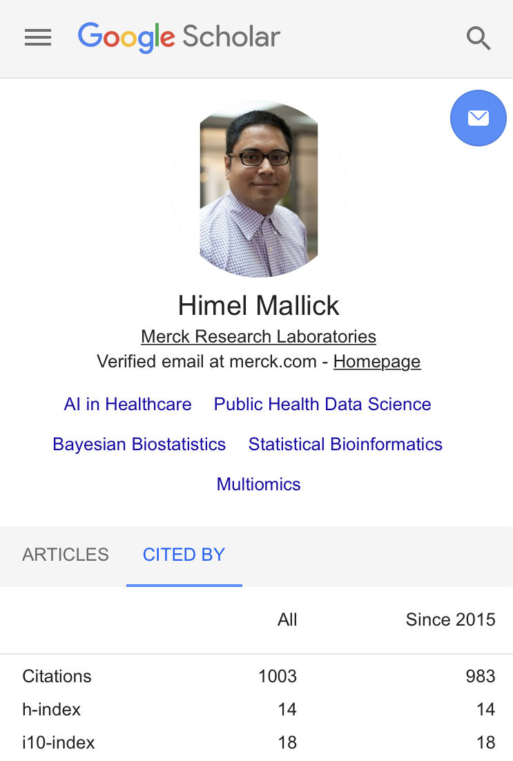 Google Scholar profile showing 1003 citations, an h-index of 14 and an i10-index of 18