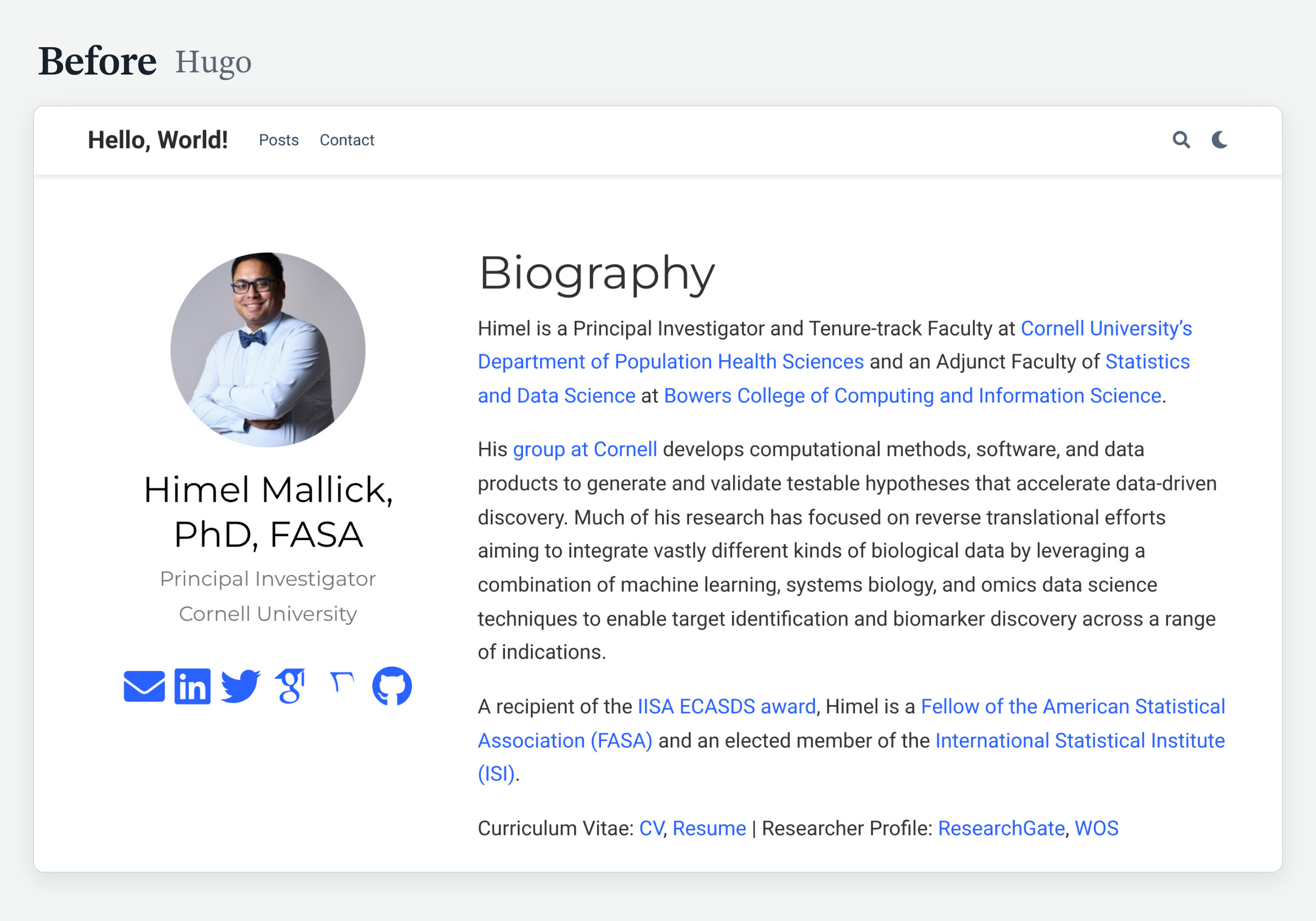 Before: the old home page, built with Hugo. The site title reads Hello, World! and the menu has two items.