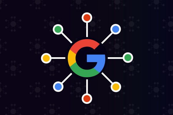 The Google logo at the center of a network of colored nodes